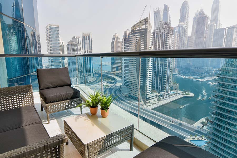 Balcony of a High Rise Elegant Apartment in Dubai Overlooking Marina